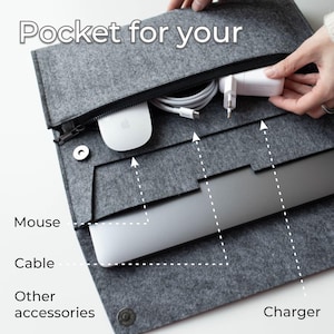 May include: A gray felt laptop sleeve with multiple pockets for a laptop, mouse, charger, and other accessories. The text "Pocket for your" is visible at the top of the image.