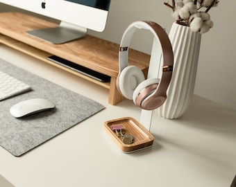 Headphone stand white, headphone holder, desk decor aesthetic, desk accessories for women office, wood headset stand for desk