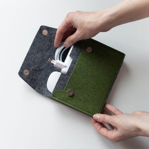 Pode incluir: Uma bolsa de feltro cinza-carvão estilo envelope com uma aba frontal verde-floresta e fechos de pressão metálicos. A bolsa contém um adaptador de energia branco e um cabo de carregamento branco enrolado, visíveis com a aba aberta.