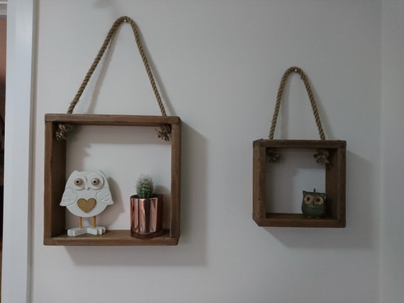 Handmade Pair Of Wooden Rustic Rope Hanging Cube Shelves Etsy