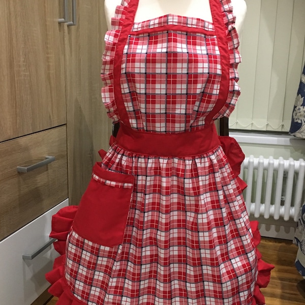 Handmade red gingham cotton blend Retro Vintage Full Aprons!