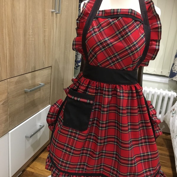 Handmade, red tartan,high quality vintage retro style full apron!