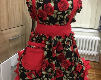 Stunning Handmade Victorian Style Cooking Vintage Shabby Chic High Quality Cotton Poplin red roses Full Apron