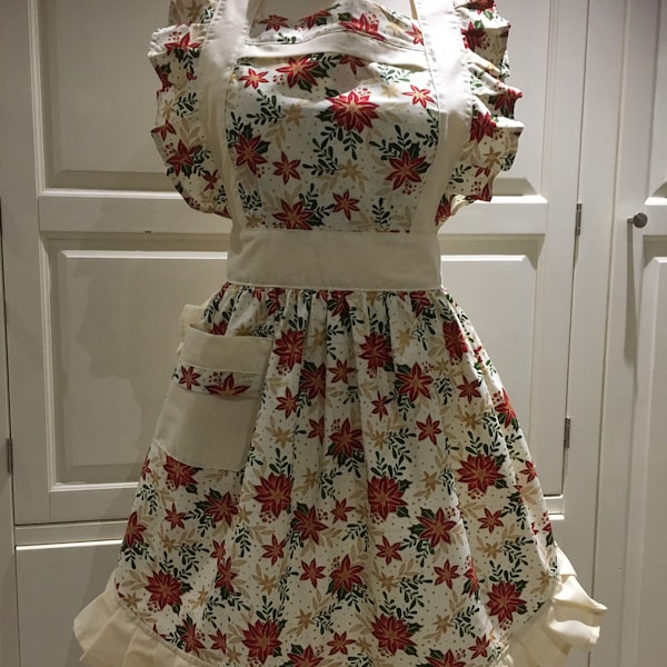 Tablier de poinsettia de Noël rétro vintage victorien, fait à la main, 100 % coton !