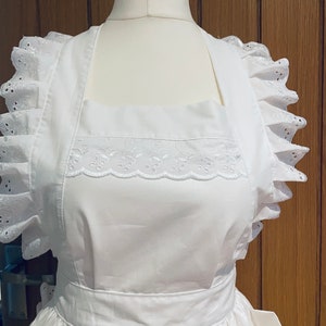 Handmade made to order Victorian  Retro,organic cotton,white gathered broderie lace border,full Apron!