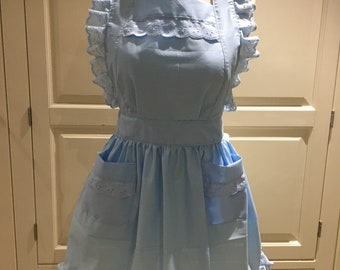 Fait à la main sur commande vintage victorien Rétro Bébé bleu rassemblé broderie dentelle bordure Pinny 100% coton tablier complet !