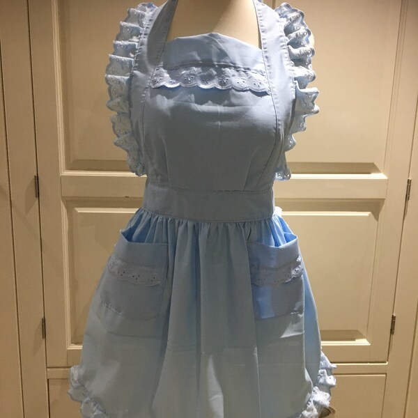 Fait à la main sur commande vintage victorien Rétro Bébé bleu rassemblé broderie dentelle bordure Pinny 100% coton tablier complet !