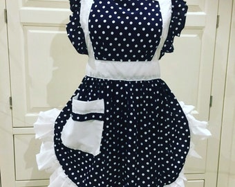 Handmade Victorian style Cooking black white dot Vintage Shabby  Full Apron!