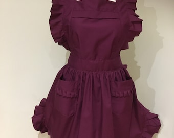 Stunning Handmade made to Order Victorian retro Vintage Burgundy two details pockets cotton poplin full Apron!