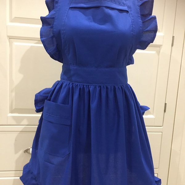 Handmade made to order Victorian Vintage Royal blue,retro style, two pockets,100% cotton full Apron!