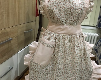Handmade Cotton Apron: Vintage Floral Print, Ruffle Trim