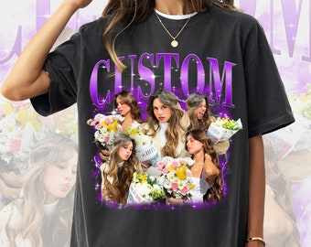 May include: Black t-shirt with a purple "CUSTOM" graphic featuring a collage of women holding bouquets of flowers.