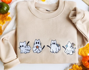 Sweat-shirt avec broderie d'Halloween, chats fantômes, joli pull fantôme d'Halloween, cadeaux pour amoureux des chats, cadeau d'Halloween