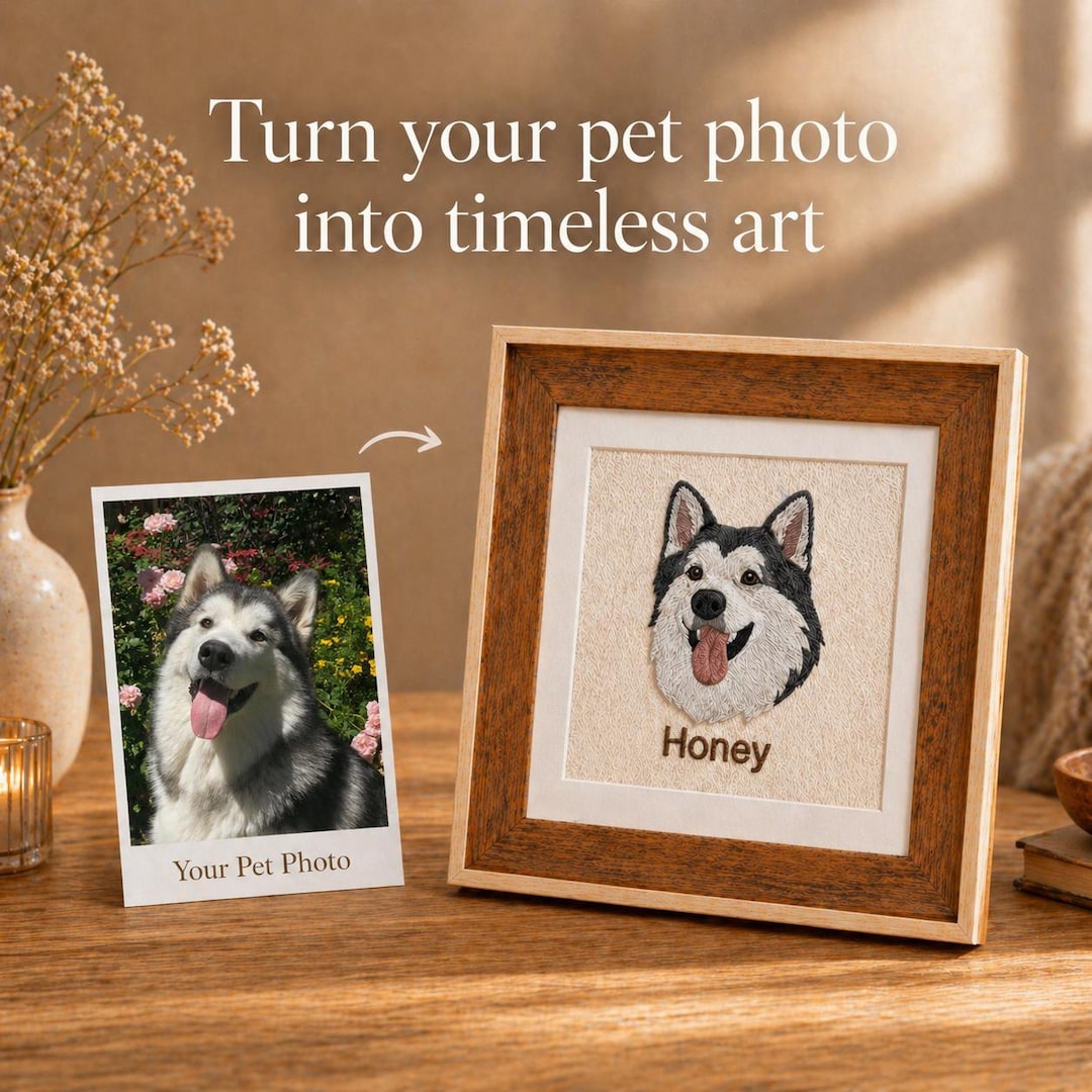 Custom Embroidered Pet Photo Frame, Realistic Dog Portrait Embroidery ...