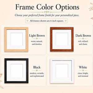 May include: Image showcasing frame color options: light brown, dark brown, black, and white. Each frame is 6-inch square, with descriptions like "warm, natural, and timeless" for light brown. The text reads "Frame Color Options."