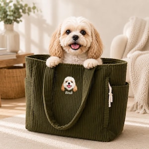 Op de afbeelding: Een groene corduroy draagtas met een kleine hond erin. De tas heeft twee zijzakken en een kleine geborduurde afbeelding van een hond met de naam "Bindi" eronder. De hond is lichtbruin en wit, met zijn tong uit.