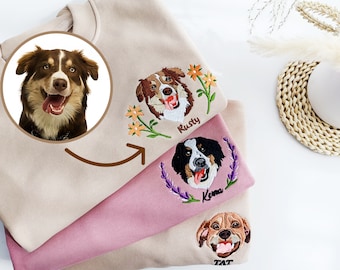 Benutzerdefiniertes Haustier-Porträt besticktes Rundhals-Sweatshirt, personalisiert mit dem Foto Ihres Haustieres, Haustier-Denkmalgeschenk, Geschenk für sie