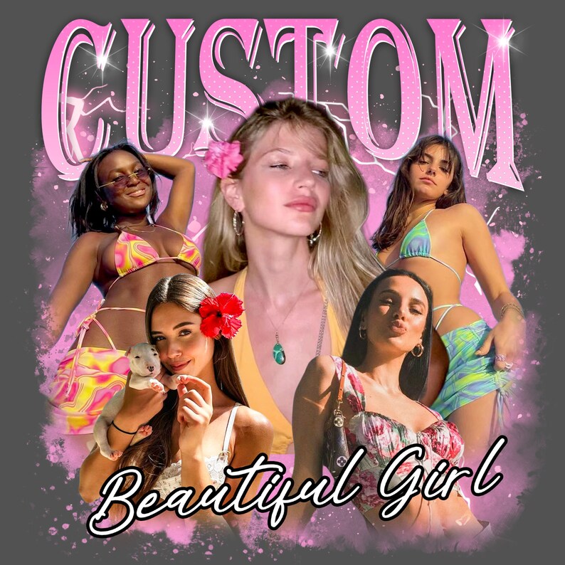 May include: A collage of four women with the word "CUSTOM" in pink glitter letters and the words "Beautiful Girl" in pink cursive letters. The women are wearing various outfits, including swimwear, a yellow tank top, and a floral dress. The background is a gray and pink splatter pattern.
