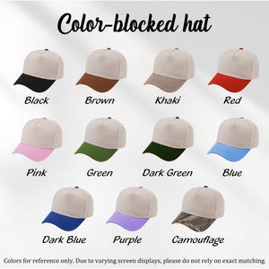 May include: A selection of colour-blocked baseball caps in various colours, including black, brown, khaki, red, pink, green, dark green, blue, dark blue, purple, and camouflage. The text "Color-blocked hat" is at the top.