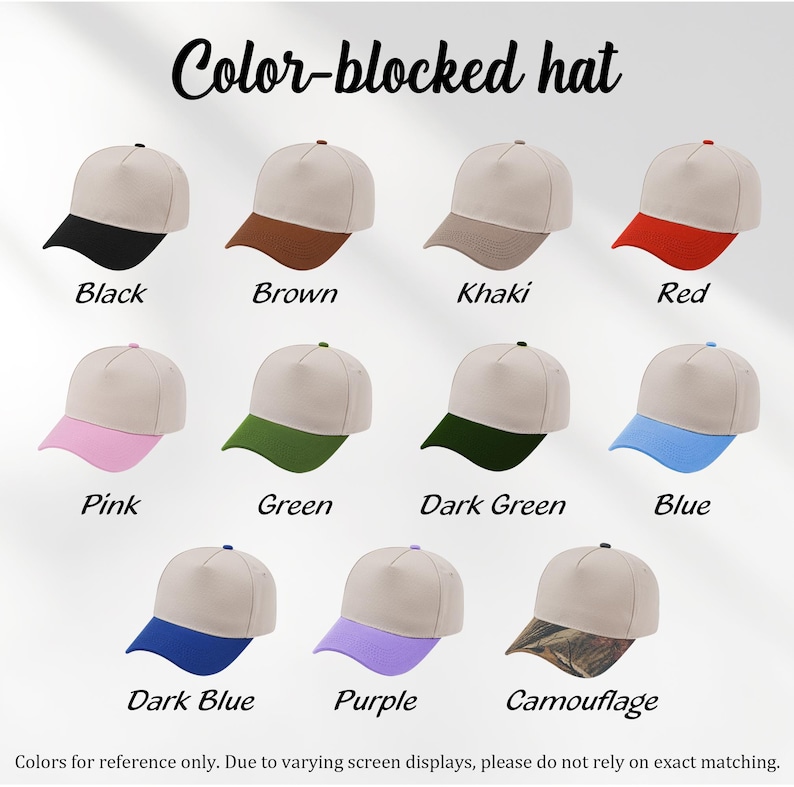 May include: A selection of colour-blocked baseball caps in various colours, including black, brown, khaki, red, pink, green, dark green, blue, dark blue, purple, and camouflage. The text "Color-blocked hat" is at the top.