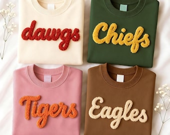 Custom Chenille YARN EMBROIDERED Sweatshirt Game Day Fuzzy Letter,Team Spirit Shirt,Football Moms,Chenille Patch Sports Team Sweatshirt
