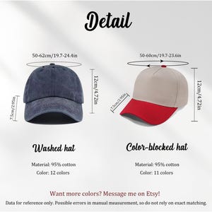May include: Two baseball caps are shown: a washed navy blue and a colour-blocked cap with a tan crown and red brim. Both are 12cm (4.72in) high. The washed hat is 50-62cm (19.7-24.4in) in circumference, and the colour-blocked hat is 50-60cm (19.7-23.6in).