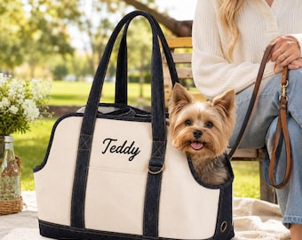 Personalized Pet Carrier Bag with Name Embroidery, Canvas Dog Tote for Small Pets, Custom Puppy Travel Bag