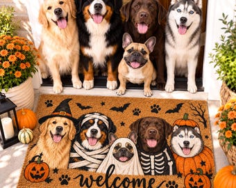 Felpudo personalizado de Halloween para mascotas, felpudo personalizado con retrato de varias mascotas, decoración de brujas, fantasmas y calabazas.
