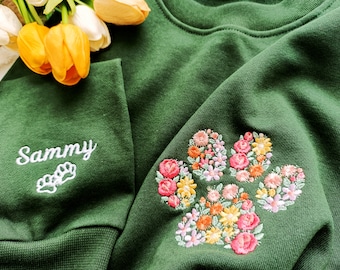 Personalized Floral Embroidered Fall Sweatshirt w Pet Name on Sleeve,Autumn Crewneck Sweatshirt,Pet Bereavement Gift