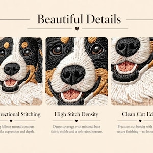 May include: An image showcasing detailed embroidery of a dog's face. The image highlights the fine, directional stitching, high stitch density, and clean cut edge. The text reads "Beautiful Details", "Fine, Directional Stitching", "High Stitch Density", and "Clean Cut Edge".