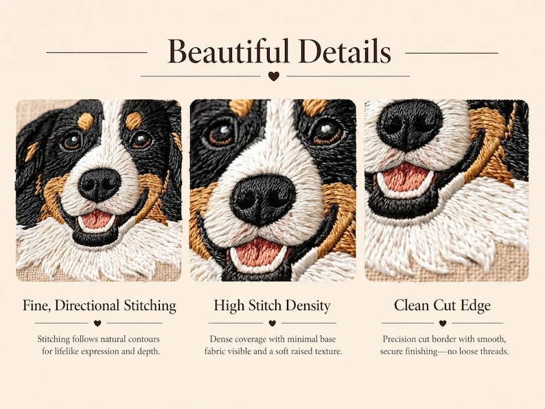 May include: An image showcasing detailed embroidery of a dog's face. The image highlights the fine, directional stitching, high stitch density, and clean cut edge. The text reads "Beautiful Details", "Fine, Directional Stitching", "High Stitch Density", and "Clean Cut Edge".