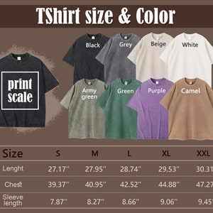 May include: A size chart for t-shirts in various colors, including black, grey, beige, white, army green, green, purple, and camel. The chart shows the length, chest, and sleeve length measurements in inches for sizes S, M, L, XL, and XXL.