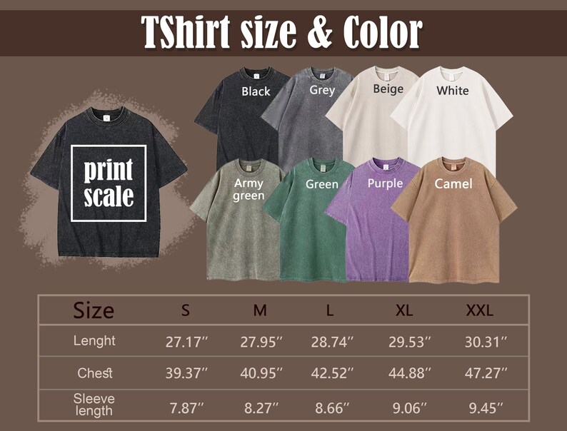 May include: A size chart for t-shirts in various colors, including black, grey, beige, white, army green, green, purple, and camel. The chart shows the length, chest, and sleeve length measurements in inches for sizes S, M, L, XL, and XXL.