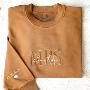Custom Mrs. Embroidered Sweatshirt,Future Mrs. and Mr. Hoodie,Couple&#39;s Gift,Date On Sleeve,Gift for Her