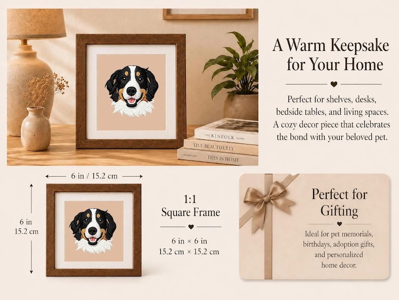 May include: A framed square print featuring a Bernese Mountain Dog portrait. The brown wooden frame surrounds a 6 x 6 inch (15.2 x 15.2 cm) image of the dog's face. The text "A Warm Keepsake for Your Home" is also visible.
