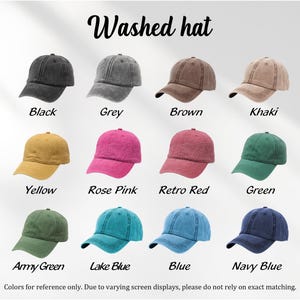 May include: A selection of washed baseball caps in a range of colours: black, grey, brown, khaki, yellow, rose pink, retro red, green, army green, lake blue, blue, and navy blue. The text "Washed hat" is displayed at the top.
