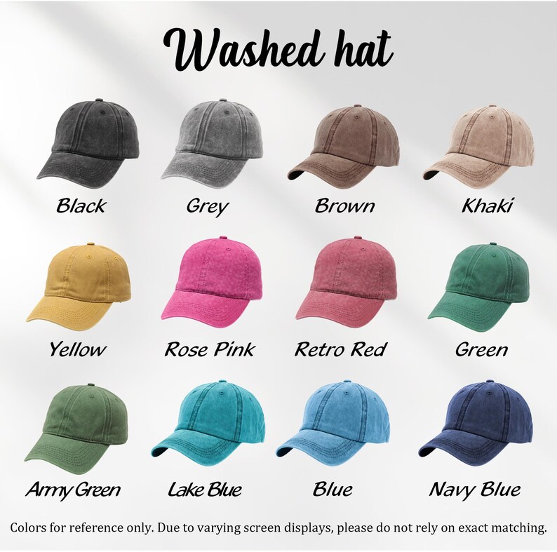 May include: A selection of washed baseball caps in a range of colours: black, grey, brown, khaki, yellow, rose pink, retro red, green, army green, lake blue, blue, and navy blue. The text "Washed hat" is displayed at the top.