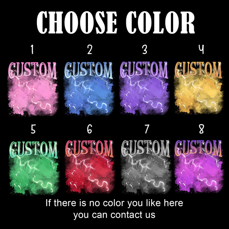 May include: Choose a color for your custom design. Eight color options are shown with a lightning bolt graphic. The colors are pink, blue, purple, yellow, green, red, gray, and purple.