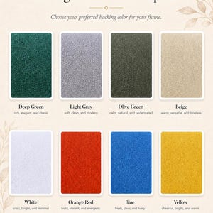 May include: Image showcasing eight backing fabric color options: Deep Green, Light Gray, Olive Green, Beige, White, Orange Red, Blue, and Yellow. Text reads "Backing Fabric Color Options" and "Choose your preferred backing color for your frame."