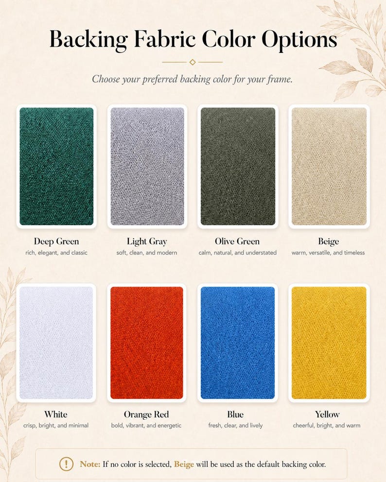 May include: Image showcasing eight backing fabric color options: Deep Green, Light Gray, Olive Green, Beige, White, Orange Red, Blue, and Yellow. Text reads "Backing Fabric Color Options" and "Choose your preferred backing color for your frame."