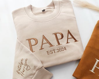 Sweat brodé papa/maman, nom sur la manche avec coeur, chemise pour l'année de naissance des papas, cadeau pour la fête des pères