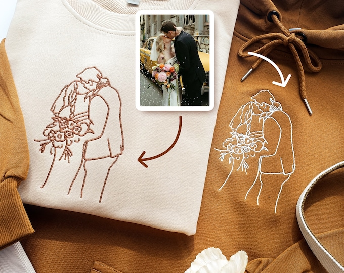 Custom Embroidered Portrait from Photo Sweatshirt,Outline Photo Sweatshirt,Family One Line Drawing Gift,Couple Hoodie,Anniversary Gift