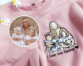 Sudadera con bordado de foto de mamá y papá personalizada, sudadera con capucha bordada personalizada, retrato de mamá e hijos, regalo del Día de la Madre