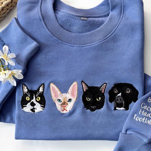 Custom Pet Face Embroidered Sweatshirt,Cat  Dog Sweatshirt,Dog Lover Sweatshirt,Personalized Gift,Pet Memorial Gift