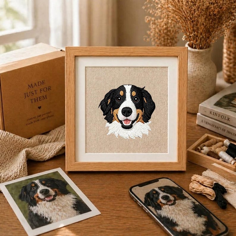May include: A framed embroidery of a Bernese Mountain Dog with a happy expression. The dog has black, white, and brown fur. The frame is light brown, and the background is beige. A box with the text "MADE JUST FOR THEM" is visible.