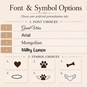 May include: A graphic displaying font and symbol options for personalization. The text includes font choices like "Great Vibes" and "Arial", and symbols such as a heart, paw print, and bone. The background is a light beige with floral accents.
