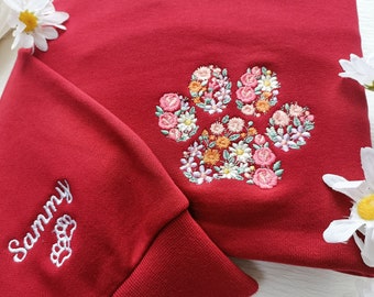 Personalized Floral Embroidered Fall Sweatshirt w Pet Name on Sleeve,Autumn Crewneck Sweatshirt,Pet Bereavement Gift