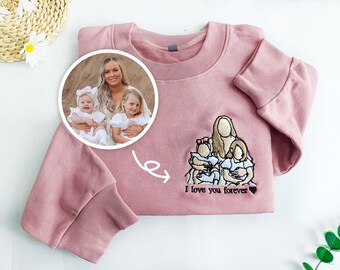 Custom Mom Dad Photo Embroidery sweatshirt,Custom Embroidered Hoodie Mama and Kids Portrait,Mothers Day Gift