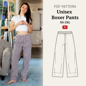 May include: A PDF pattern for unisex boxer pants, sizes XS-2XL. The pattern is shown on a white background with a black outline. A woman is wearing a pair of striped pants in the background.