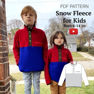 May include: PDF pattern for a snow fleece for kids, sizes 6-14 years old. The pattern includes a red, blue, and green fleece with a button-up collar and a pocket. The pattern is shown on two children wearing the fleece.